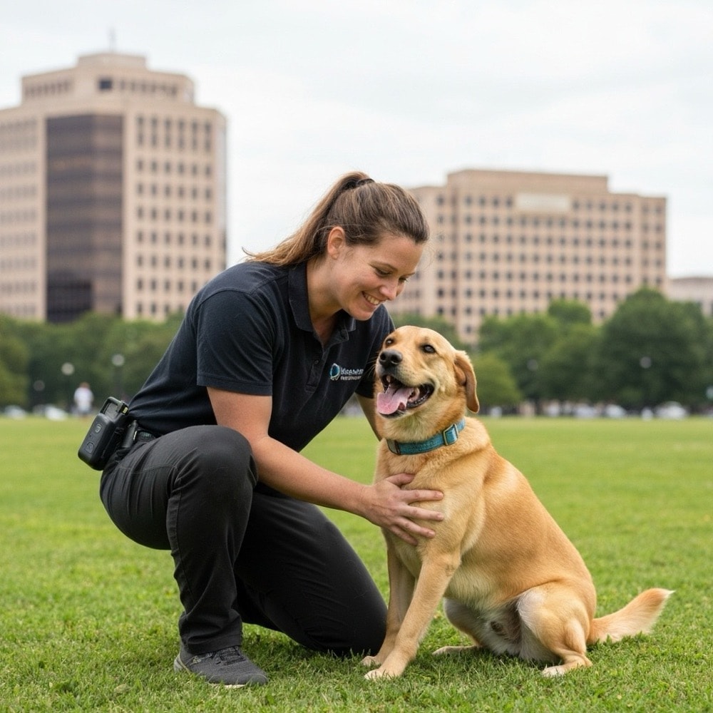 Dog Trainer And Dog In City Park