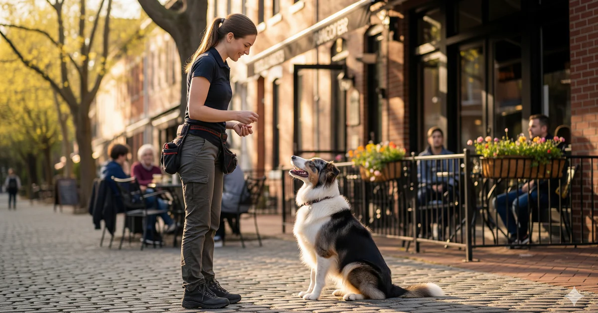 Dog Trainer On Streets Of Baltimore With Dog