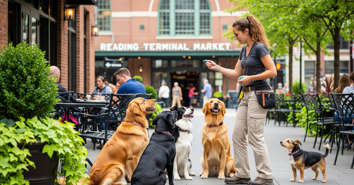 Dog Trainer With Dogs In Streets Of Philadelphia